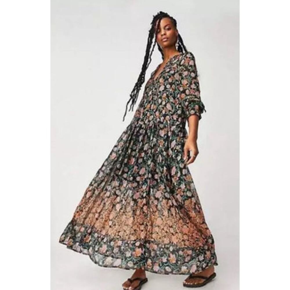 Free People See It Through Maxi Dress Black Combo Size Small